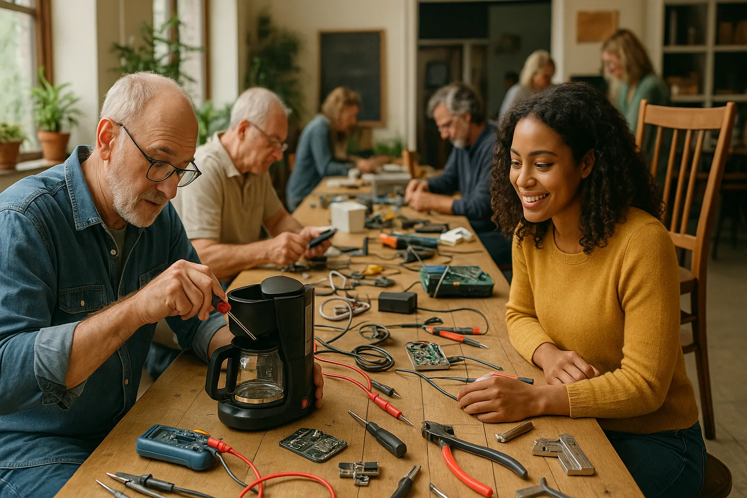 Volunteers fixing electronics at a community repair café