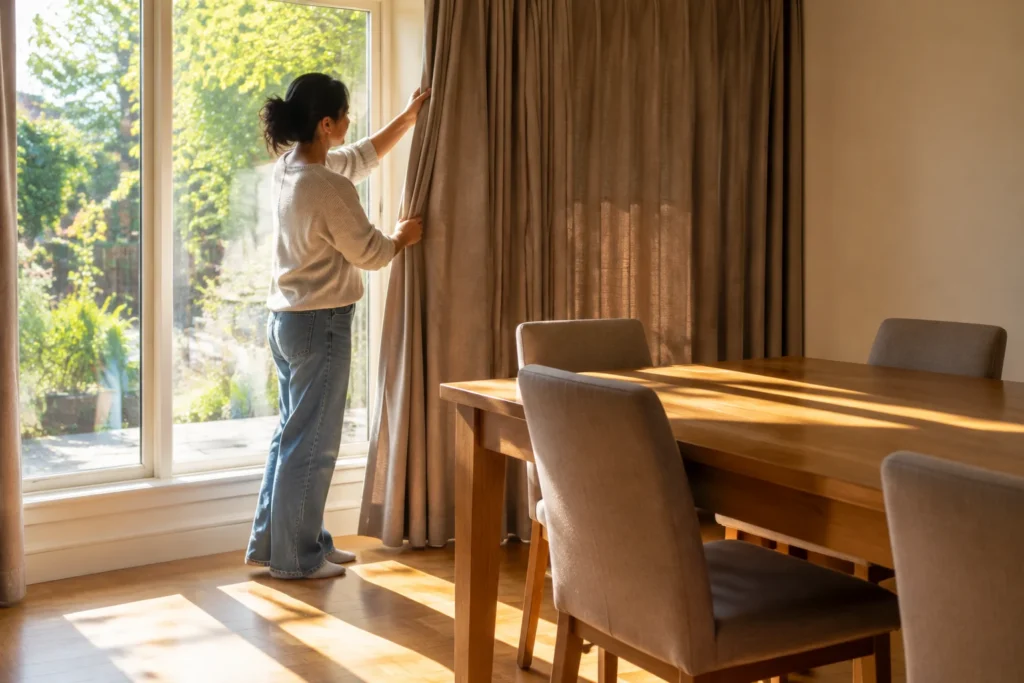 Curtains blocking strong afternoon sunlight