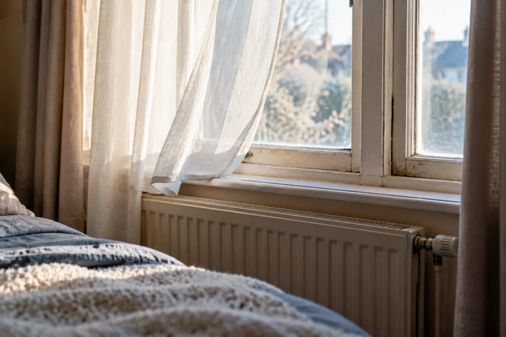 Curtain moving beside draughty window